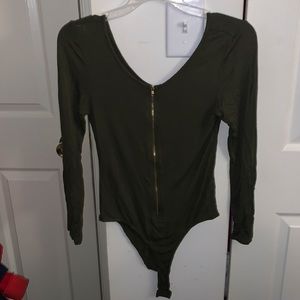 Olive Green Bodysuit with Gold Zipper
